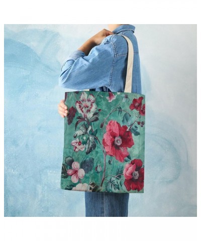 Canvas Tote Flowers Print In Emerald Green Beach Bags Floral Leaf Summer Reusable Canvas Shopping Bag Gifts Totebag $12.47 Totes