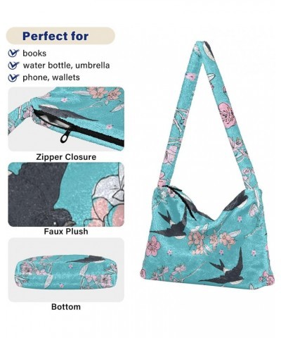 Cherry Blossom Swallow Shoulder Tote Bags for Women Furry Crossbody bag Hobo Handbag Purses for Travel College Work $9.45 Totes