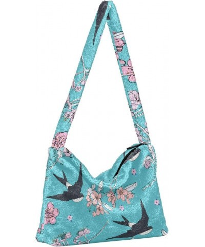 Cherry Blossom Swallow Shoulder Tote Bags for Women Furry Crossbody bag Hobo Handbag Purses for Travel College Work $9.45 Totes