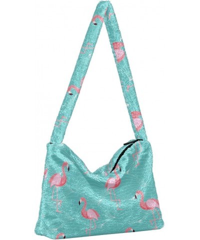 Flamingo Green Pink Fluffy Tote Bag Crossbody Bags Purse Shoulder Bag Handbag for Women Gift Work with Zipper $11.75 Totes