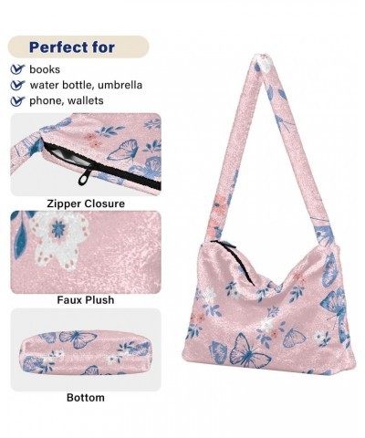 Pink Butterfly Furry Tote Bag for Women Crossbody Bag Shoulder Purse Puffer Purse with Zipper for Daily Use $11.75 Totes