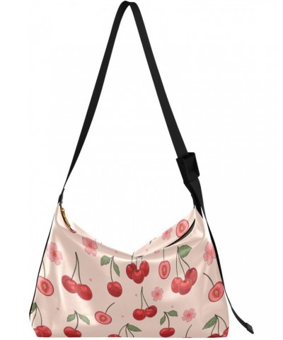 Cherries and Flowers Hobo Crossbody Bags for Women Leather Large Shoulder Bag Cross Body Fruit Trendy Womens Tote Bags Handba...