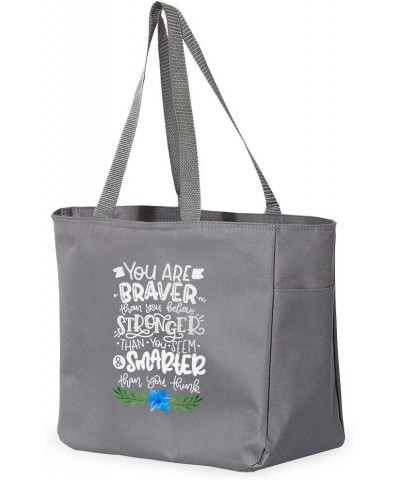 You Are Braver Stronger Smarter Tote Bag with Pocket - Positivity Bag - Motivational Bag Gray $12.79 Totes