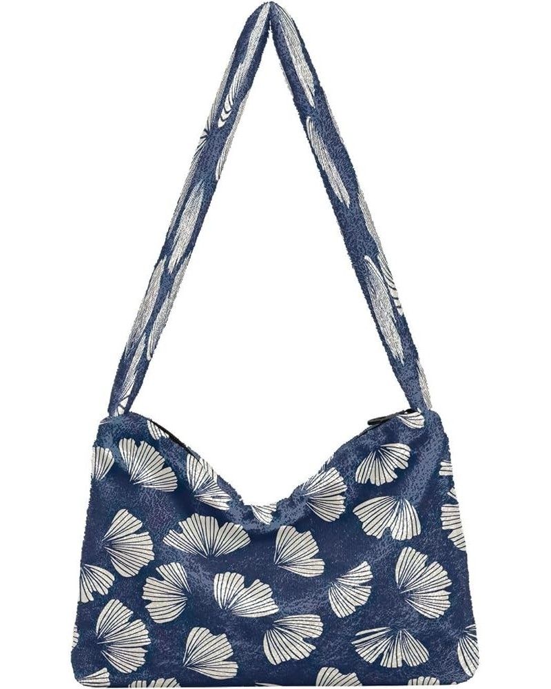 Tropical Leaf Floral Green Women Designers Hobo Bags, Fluffy Bag Womens Shoulder Purse Gingko Blue Black $10.70 Totes