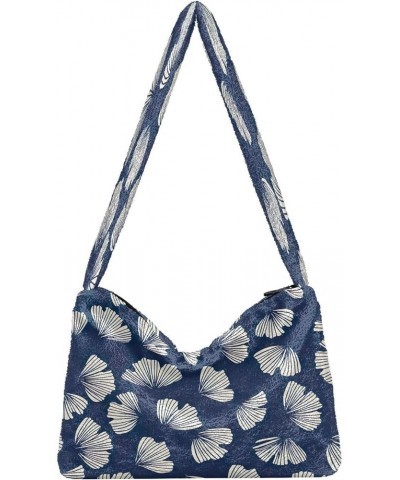 Tropical Leaf Floral Green Women Designers Hobo Bags, Fluffy Bag Womens Shoulder Purse Gingko Blue Black $10.70 Totes