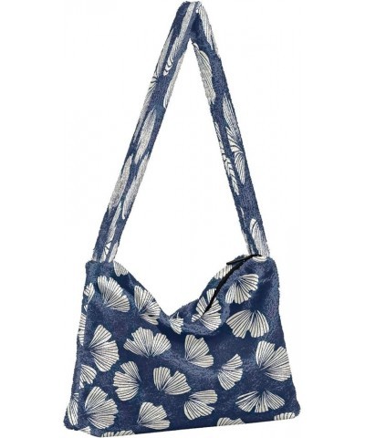 Tropical Leaf Floral Green Women Designers Hobo Bags, Fluffy Bag Womens Shoulder Purse Gingko Blue Black $10.70 Totes