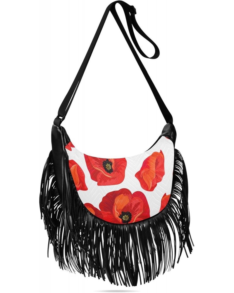 Floral Tassel Crossbody Bag Poppy Bloom Vibrant Women Fringe Boho Handbag Hippie Purse Vintage Bohemian Shoulder Bag '70s Dai...