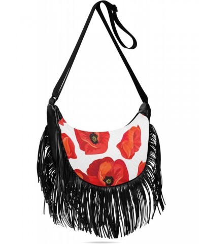 Floral Tassel Crossbody Bag Poppy Bloom Vibrant Women Fringe Boho Handbag Hippie Purse Vintage Bohemian Shoulder Bag '70s Dai...