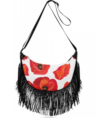 Floral Tassel Crossbody Bag Poppy Bloom Vibrant Women Fringe Boho Handbag Hippie Purse Vintage Bohemian Shoulder Bag '70s Dai...