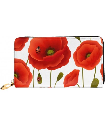 Long Handbag Purse Wristlet Bag Card Holder Wallet-Red Poppy Flower Ladybug Leather Wallet For Women Men $12.88 Wristlets