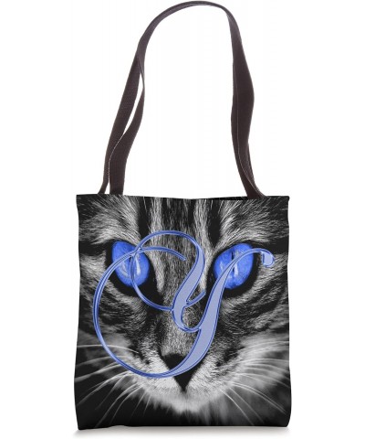 Y Blue Cat Eye Kitten Kitty Pet Animal Initial Letter Name Tote Bag $8.96 Totes