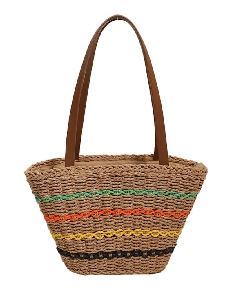 Tote Bag for Women Straw Beach Bag Hobo Bag Handwoven Stripe Straw Satchel Shoulder Bag Travel 2024 Khaki $15.19 Totes