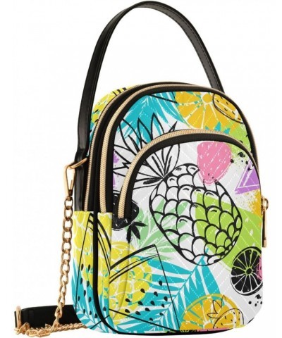 Fruit Pineapple Illustration Small Crossbody Handbag for Women Mini Over Shoulder Purse with Three Zippered Pockets Durable C...