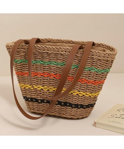 Tote Bag for Women Straw Beach Bag Hobo Bag Handwoven Stripe Straw Satchel Shoulder Bag Travel 2024 Khaki $15.19 Totes