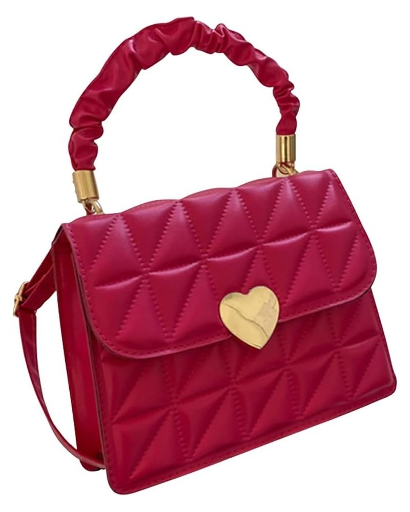 Women Ladies Hand Bags Pleated Heart Hasp Commute Bag Casual Simple PU Leather Soft Thread Quilted Small Square Tote Rose Red...