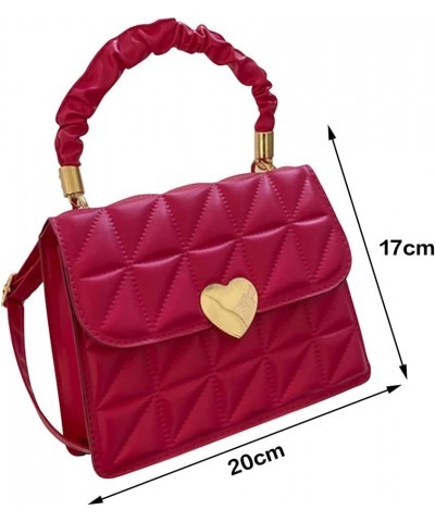 Women Ladies Hand Bags Pleated Heart Hasp Commute Bag Casual Simple PU Leather Soft Thread Quilted Small Square Tote Rose Red...