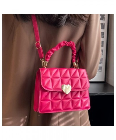 Women Ladies Hand Bags Pleated Heart Hasp Commute Bag Casual Simple PU Leather Soft Thread Quilted Small Square Tote Rose Red...