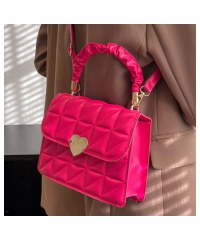 Women Ladies Hand Bags Pleated Heart Hasp Commute Bag Casual Simple PU Leather Soft Thread Quilted Small Square Tote Rose Red...