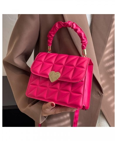 Women Ladies Hand Bags Pleated Heart Hasp Commute Bag Casual Simple PU Leather Soft Thread Quilted Small Square Tote Rose Red...