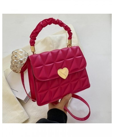 Women Ladies Hand Bags Pleated Heart Hasp Commute Bag Casual Simple PU Leather Soft Thread Quilted Small Square Tote Rose Red...