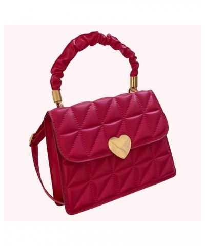 Women Ladies Hand Bags Pleated Heart Hasp Commute Bag Casual Simple PU Leather Soft Thread Quilted Small Square Tote Rose Red...