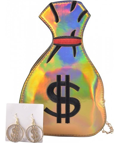 Money Bag Design Shoulder Bag with Dollar Earring PU Laser Purse Handbag Clear Diamond Shape Crossbody Messenger Bag A-gold $...