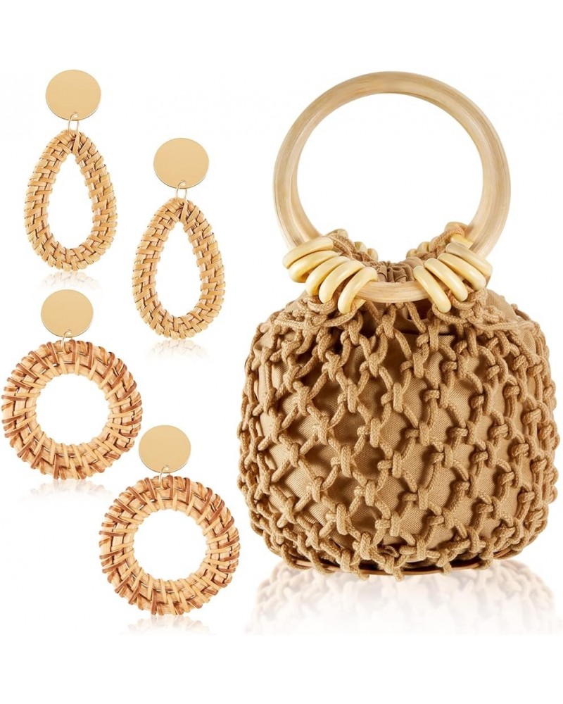 Mini Clutch Tote Handbag 2 Pairs Rattan Earrings for Women Girls Bucket Drawstring Handbag Bohemian Woven Clutch Coffee $8.61...