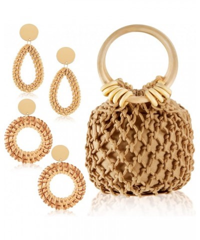 Mini Clutch Tote Handbag 2 Pairs Rattan Earrings for Women Girls Bucket Drawstring Handbag Bohemian Woven Clutch Coffee $8.61...