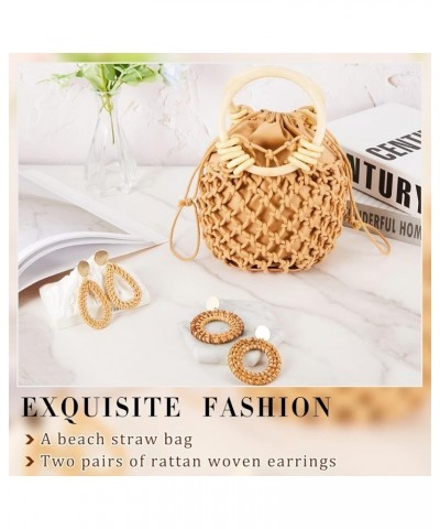 Mini Clutch Tote Handbag 2 Pairs Rattan Earrings for Women Girls Bucket Drawstring Handbag Bohemian Woven Clutch Coffee $8.61...