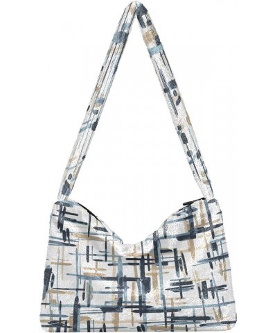 Watercolor Plaid Women Hobo Handbags, Plush Tote Single Shoulder Purse Plaid Random Black Teal Creative $10.91 Totes