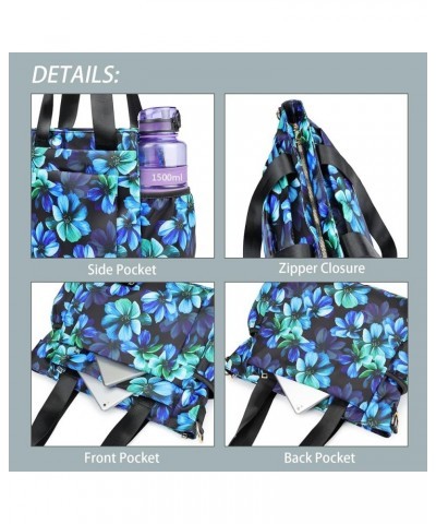 Crossbody Bags Shoulder Tote Handbag Nylon With Straps Waterproof Multi Bottle Pockets For Women Trendy Blue Flowers in Black...