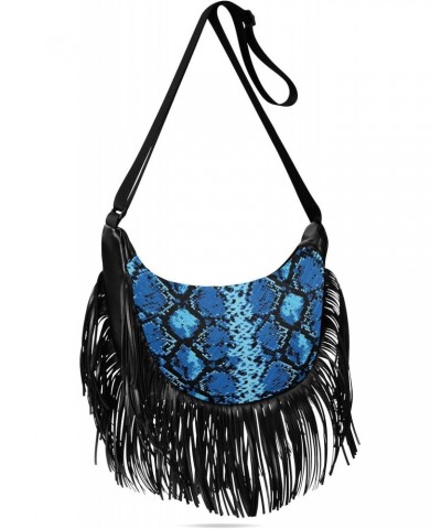 Tassel Crossbody Bag Snake Skin Gorgeous Blue Women Fringe Boho Handbag Hippie Purse Vintage Bohemian Shoulder Bag '70s Daily...