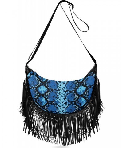 Tassel Crossbody Bag Snake Skin Gorgeous Blue Women Fringe Boho Handbag Hippie Purse Vintage Bohemian Shoulder Bag '70s Daily...