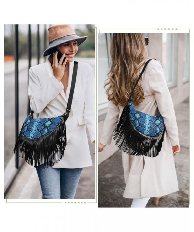 Tassel Crossbody Bag Snake Skin Gorgeous Blue Women Fringe Boho Handbag Hippie Purse Vintage Bohemian Shoulder Bag '70s Daily...