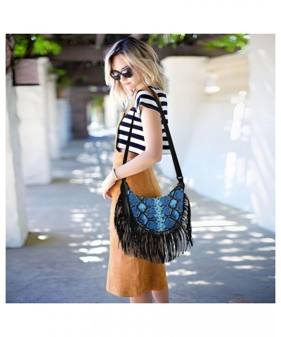 Tassel Crossbody Bag Snake Skin Gorgeous Blue Women Fringe Boho Handbag Hippie Purse Vintage Bohemian Shoulder Bag '70s Daily...