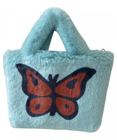 Ladies Fluffy Plush Shoulder Bag, Women Girl Furry Butterfly Print Tote Bag Handbag for Autumn and Winter Blue $13.33 Shoulde...