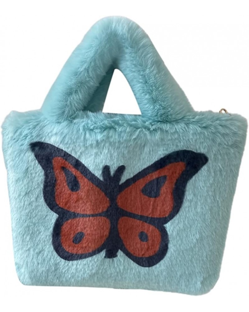 Ladies Fluffy Plush Shoulder Bag, Women Girl Furry Butterfly Print Tote Bag Handbag for Autumn and Winter Blue $13.33 Shoulde...