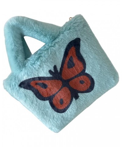 Ladies Fluffy Plush Shoulder Bag, Women Girl Furry Butterfly Print Tote Bag Handbag for Autumn and Winter Blue $13.33 Shoulde...