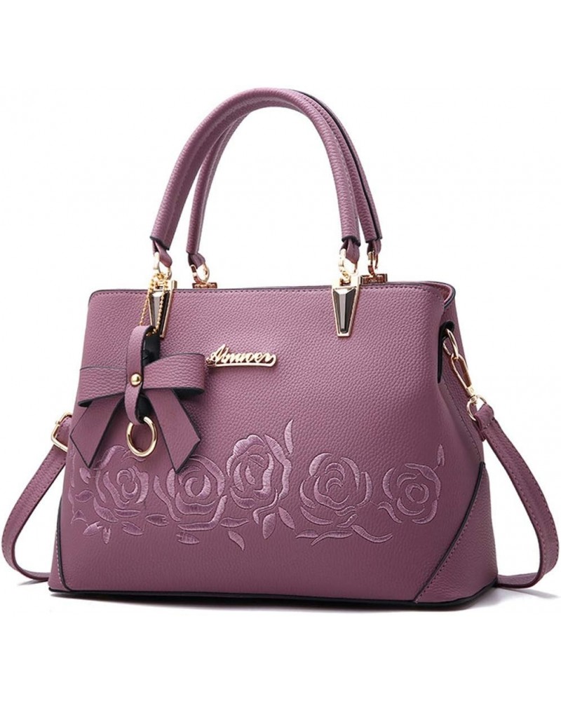 Women Handbag PU Leather Messenger Bags Top Handle Satchel Rose Embroidery Tote Bag Purple $27.02 Totes