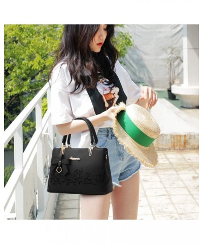 Women Handbag PU Leather Messenger Bags Top Handle Satchel Rose Embroidery Tote Bag Purple $27.02 Totes