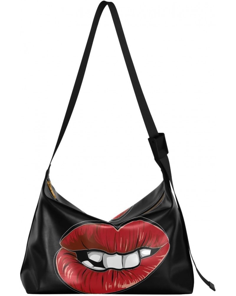 Leather Hobo Tote Bags for Women Men,Mounth Red Lips Trendy Messenger Bag Crossbody Large Size Sexy Woman Cartoon Casual Shou...