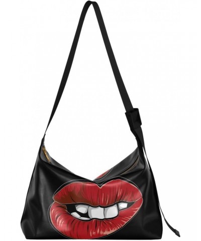 Leather Hobo Tote Bags for Women Men,Mounth Red Lips Trendy Messenger Bag Crossbody Large Size Sexy Woman Cartoon Casual Shou...