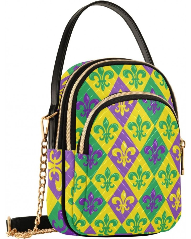 Mardi Gras Cell Phone Purse Purple Geen Yellow Fleur De Lis Zigzag Crossbody Handbag Durable Shoulder Bag Sturdy Travel Pouch...