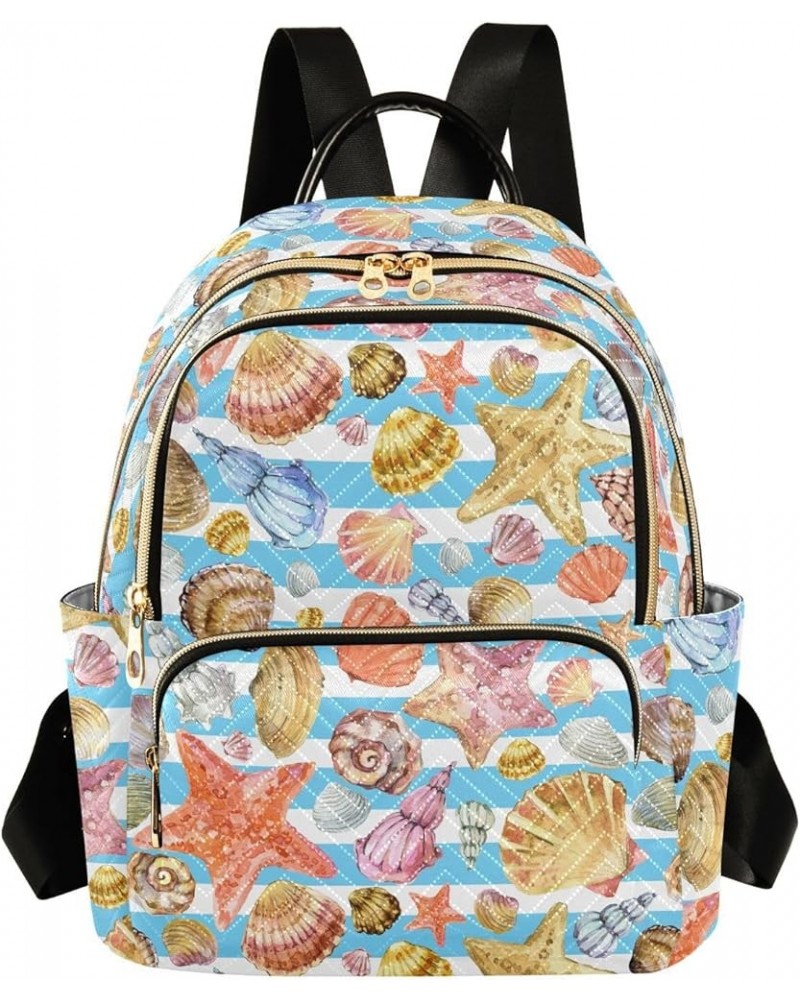 Mini Backpack for Women, Sea Shell Watercolor Stripes Travel Backpack Purse for Ladies, Small Bookbag Daypack Shoulder Bag S ...