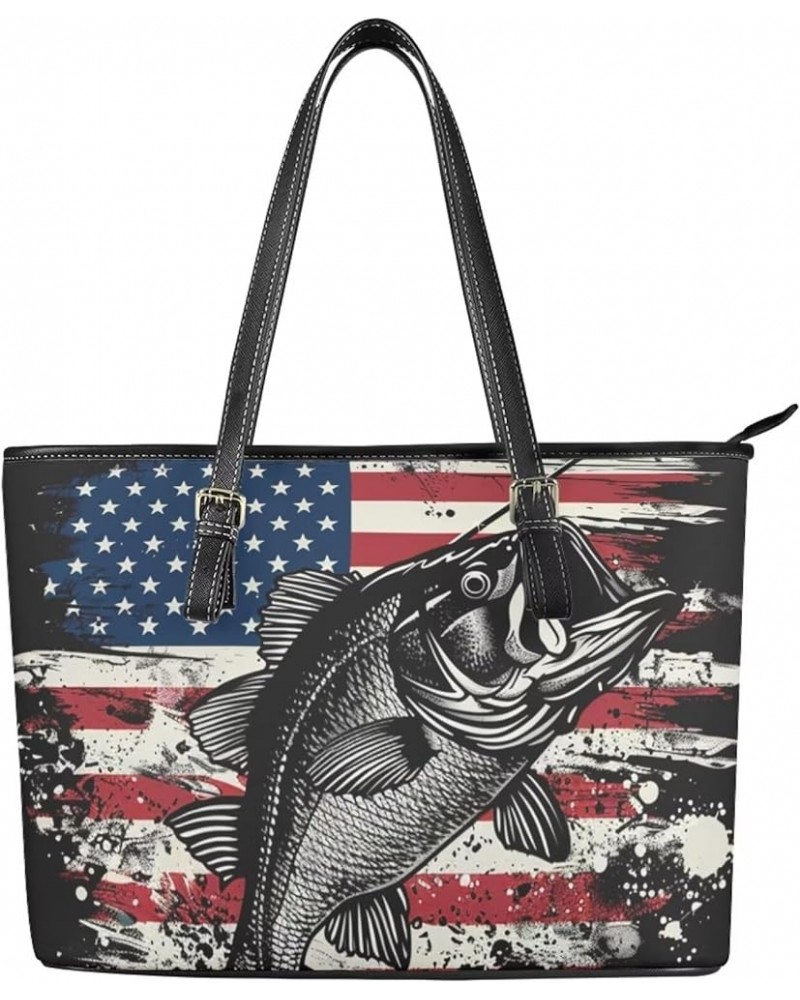 Womens Handbags PU Leather Top-handle Work Purse Large Capacity Zipper Satchel Shoulder Bag Bass Fish American Flag $22.25 Ha...