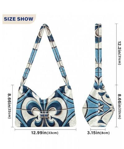 Ladies Soft Plush Underarm Bag Fleur-de-lis-blue Fluffy Shoulder Bag Women Furry Purse Handbag $13.12 Shoulder Bags