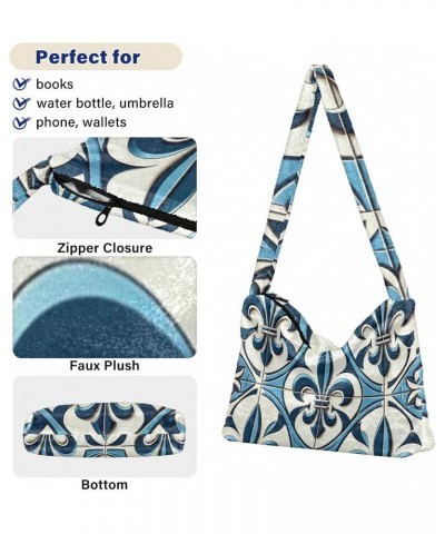 Ladies Soft Plush Underarm Bag Fleur-de-lis-blue Fluffy Shoulder Bag Women Furry Purse Handbag $13.12 Shoulder Bags