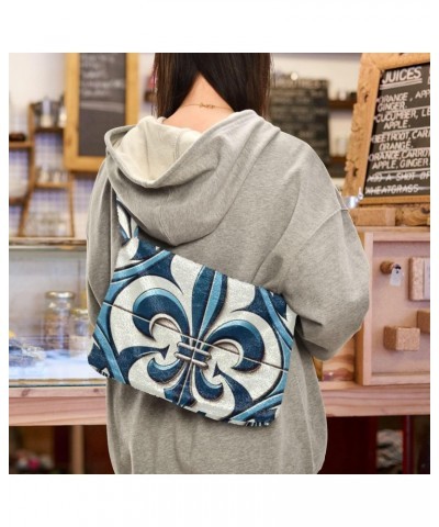 Ladies Soft Plush Underarm Bag Fleur-de-lis-blue Fluffy Shoulder Bag Women Furry Purse Handbag $13.12 Shoulder Bags