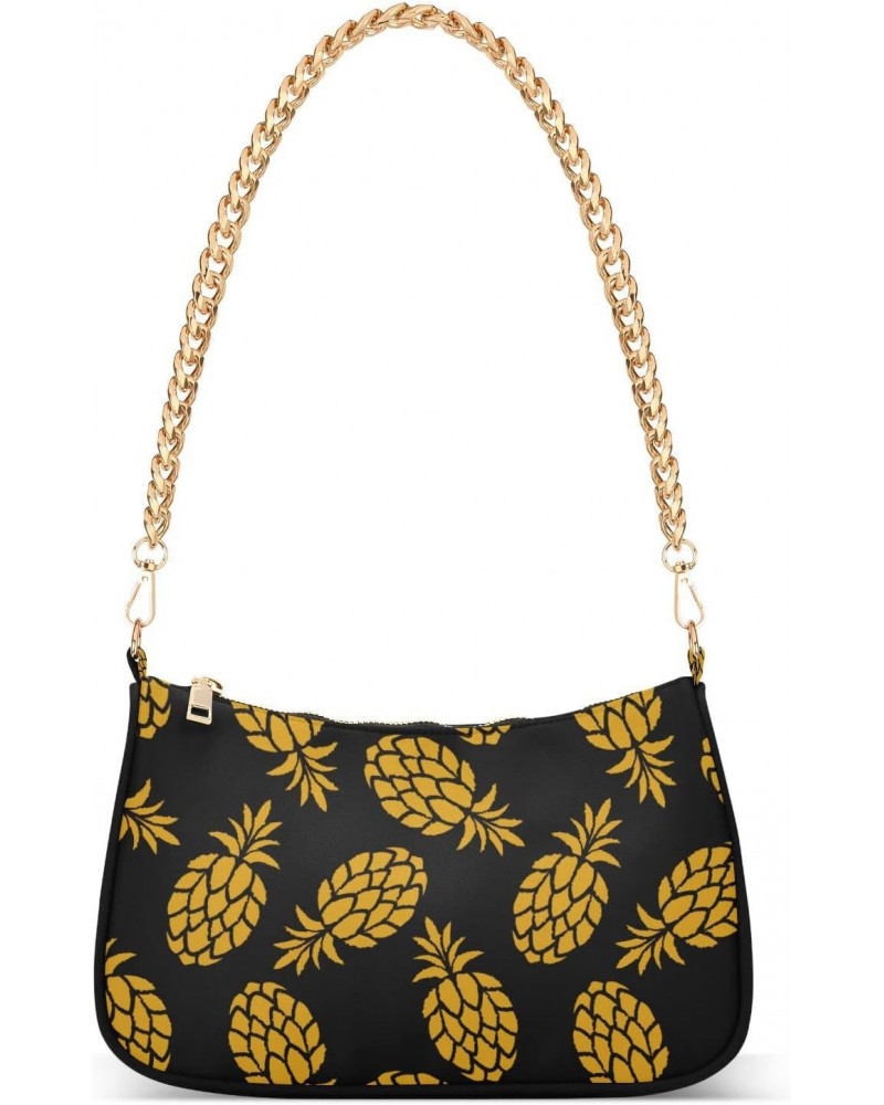 Yellow Fruits Pineapples Shoulder Bag for Women Fabric Crescent Handbag with Zipper Chain Clutch Purses for Travel Party Conc...