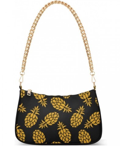 Yellow Fruits Pineapples Shoulder Bag for Women Fabric Crescent Handbag with Zipper Chain Clutch Purses for Travel Party Conc...